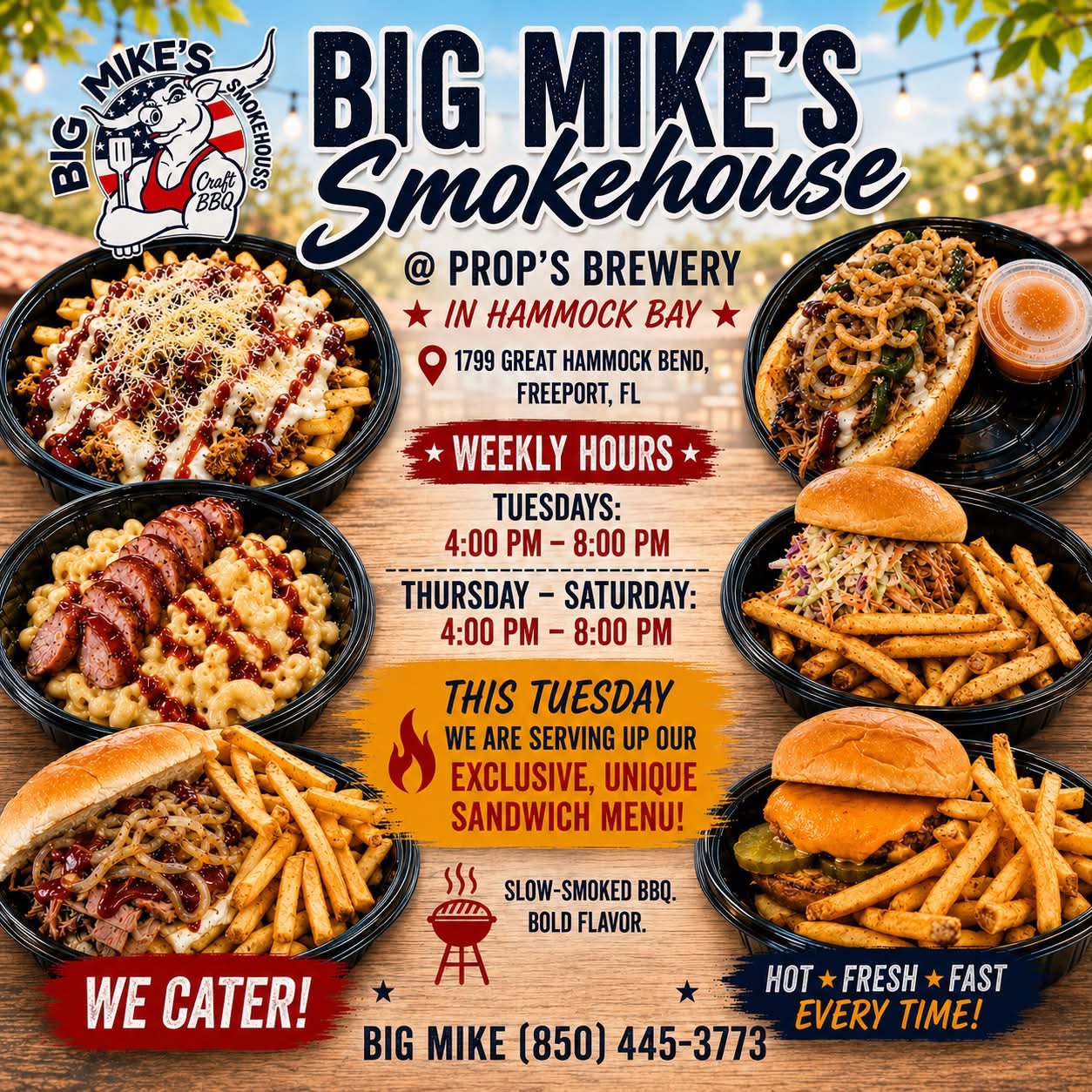Big Mike's Smokehouse weekly hours and sandwich menu promotional graphic